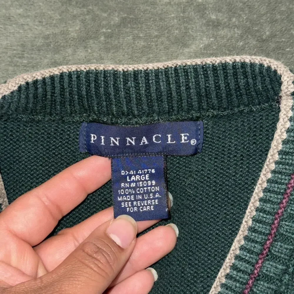 Pinnacle Golf Sweater Mens Large Green Argyle Cotton V-Neck Long Sleeve Pullover
